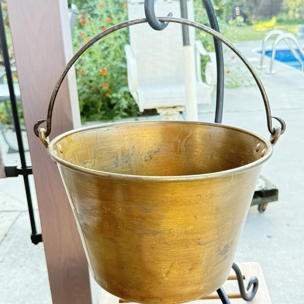Antique Spun Brass Kettle No4 Wrought Iron Handle Primitive Early American 1800s